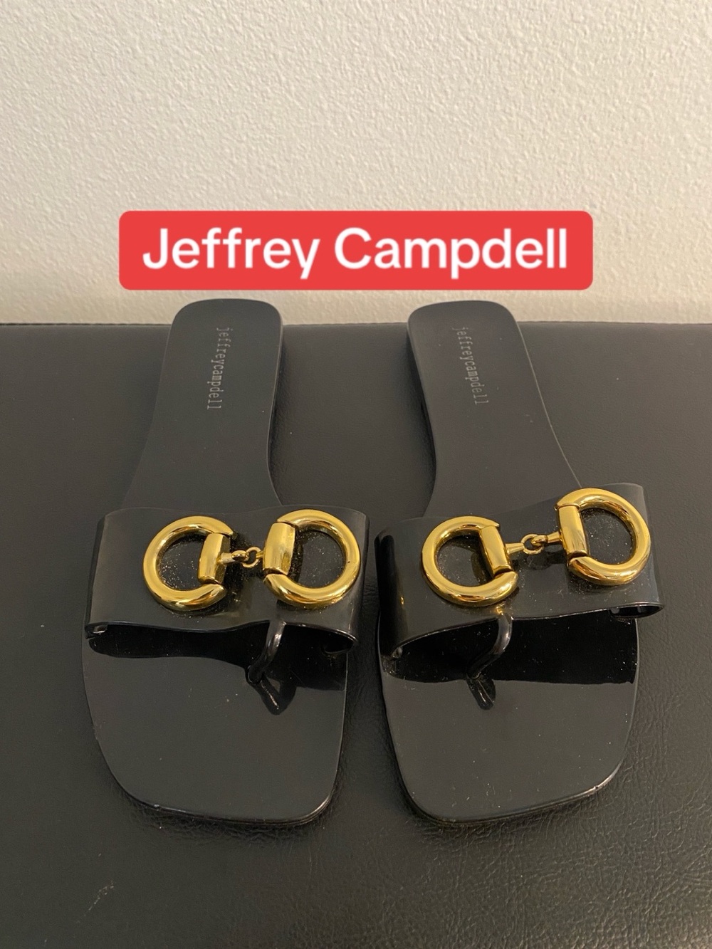 Black Slide Sandals with Gold Hardware
